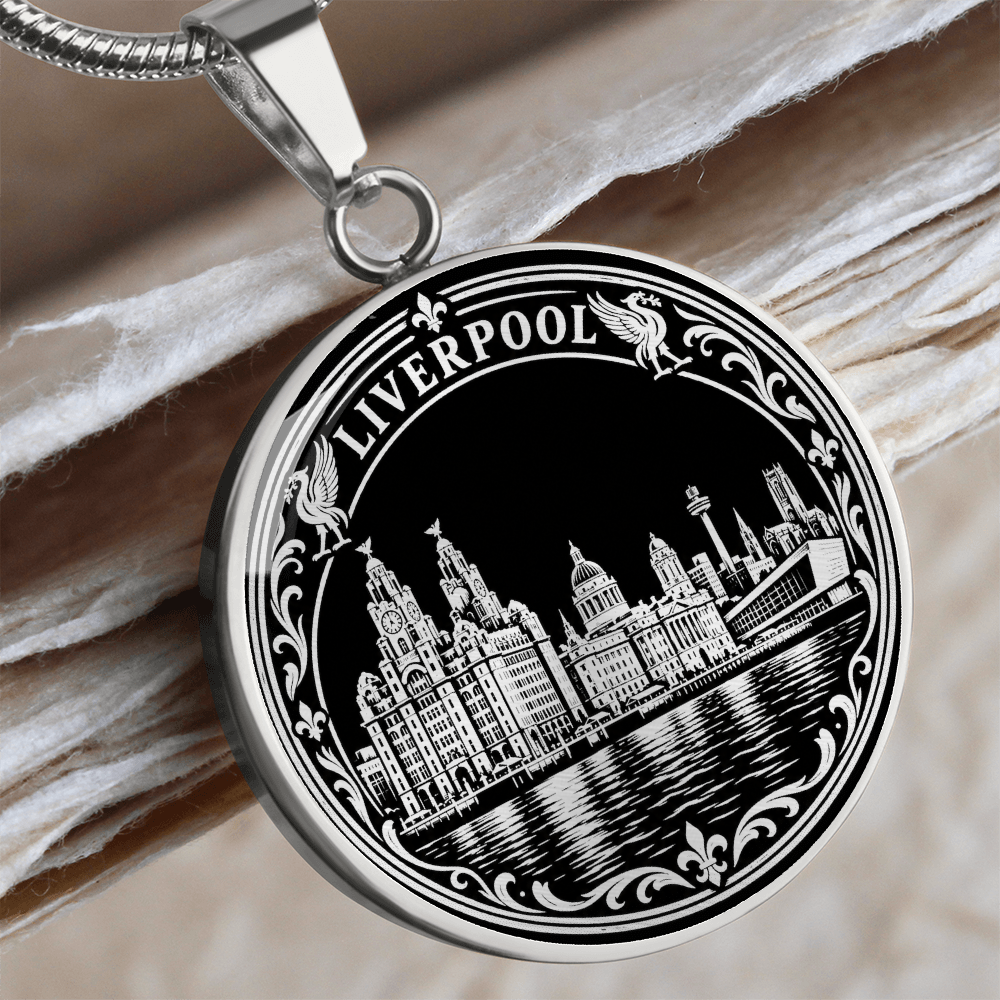 Silver Liverpool skyline necklace featuring Royal Liver Building, historic waterfront architecture, water reflections and floral border