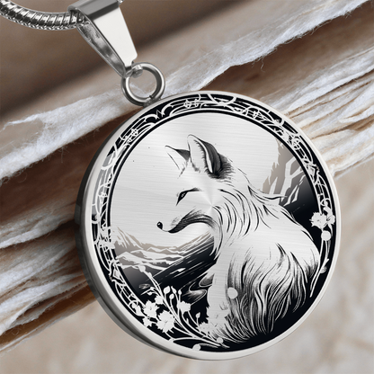 Monochrome Fox Necklace – Mountain & Floral Pendant