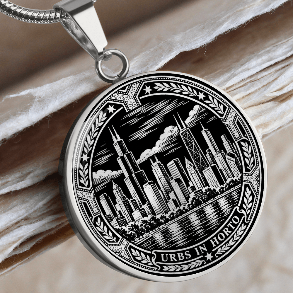 Silver Chicago skyline necklace with skyscrapers, waterfront reflections, ornate circular border and Urbs in Horto motto