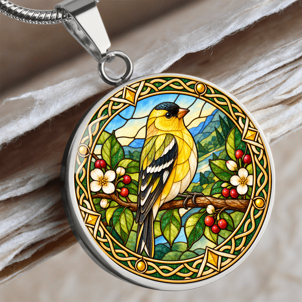 Close-up of circular finch bird pendant necklace