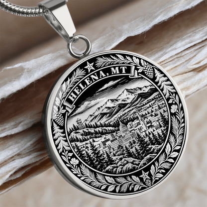 Silver Helena Montana necklace with mountain backdrop, historic city buildings, evergreen forest and pinecone wreath border