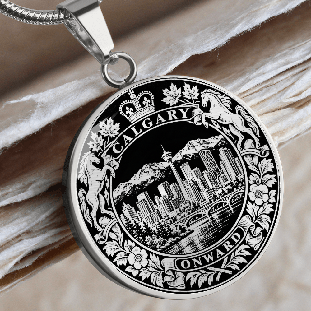 Silver Calgary skyline necklace with Calgary Tower, Rocky Mountains, rearing horses, maple leaves and Onward motto