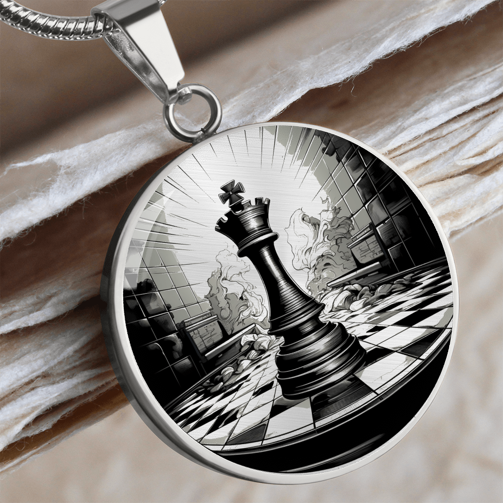 Chess King Necklace featuring black-and-white king chess piece artwork on a circular pendant, gift for chess players.