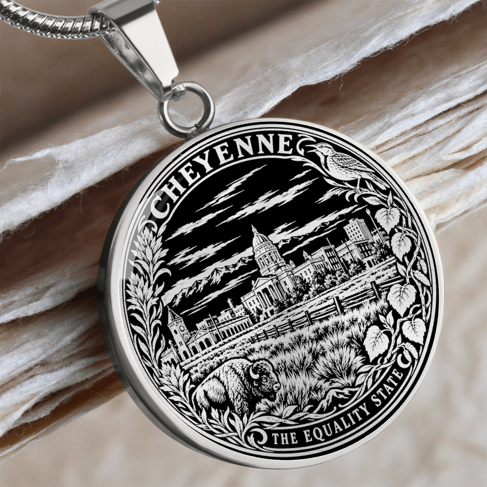 Silver Cheyenne Wyoming necklace featuring the State Capitol, bison, wildflowers and The Equality State lettering