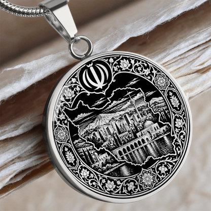 Iran map necklace in silver finish with black and white linocut artwork, Persian architecture, landscape and ornate floral border