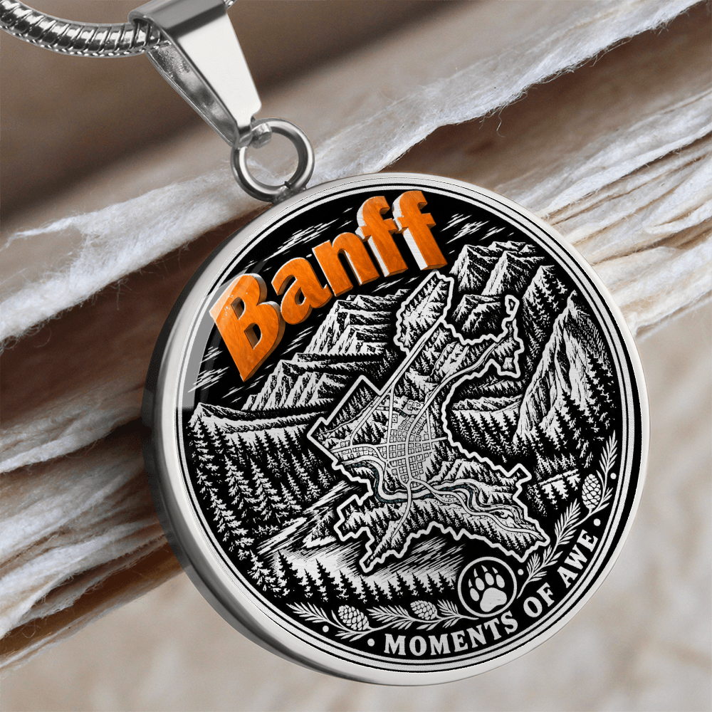 Silver Banff mountain necklace featuring orange Banff lettering, black-and-white Rocky Mountain forest artwork, paw-print symbol and Moments of Awe inscription