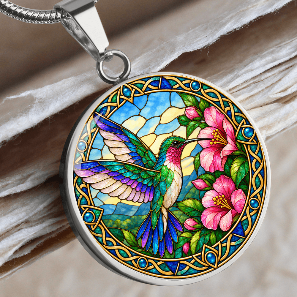Hummingbird pendant necklace featuring colorful bird artwork