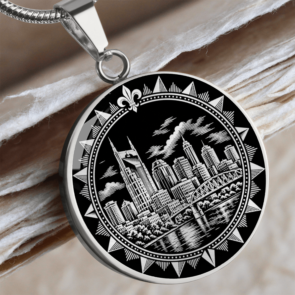 Silver Nashville skyline necklace with AT&T Building twin spires, Cumberland River bridge and decorative sunburst border