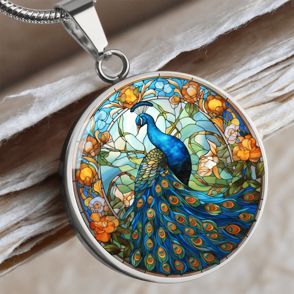 Stained Glass Peacock Necklace – Colorful Bird Art Pendant