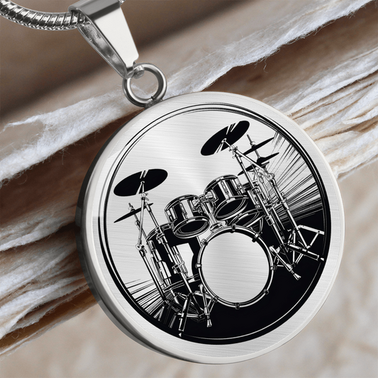 Drummer necklace featuring drum set artwork on a circular pendant, music-themed jewelry gift for drummers.
