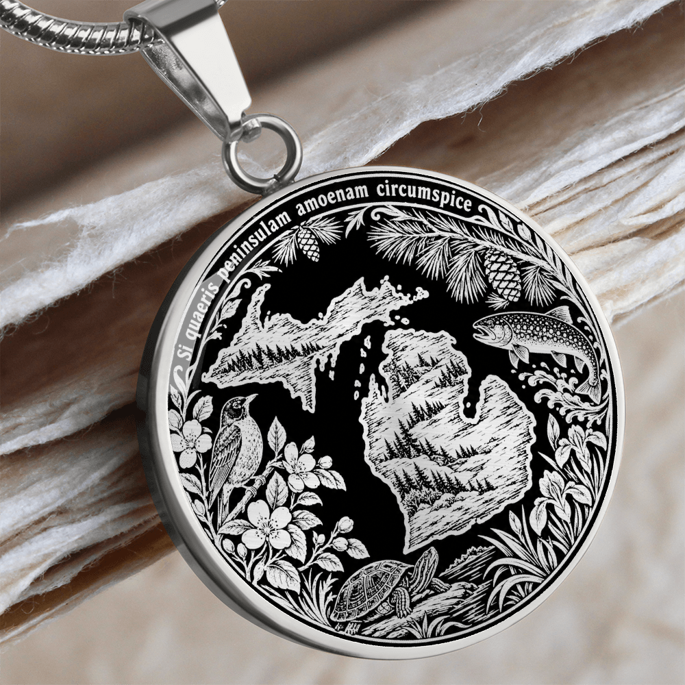Silver Michigan State necklace with Upper and Lower Peninsula outlines, woodland bird, trout, turtle, wildflowers and pine branches