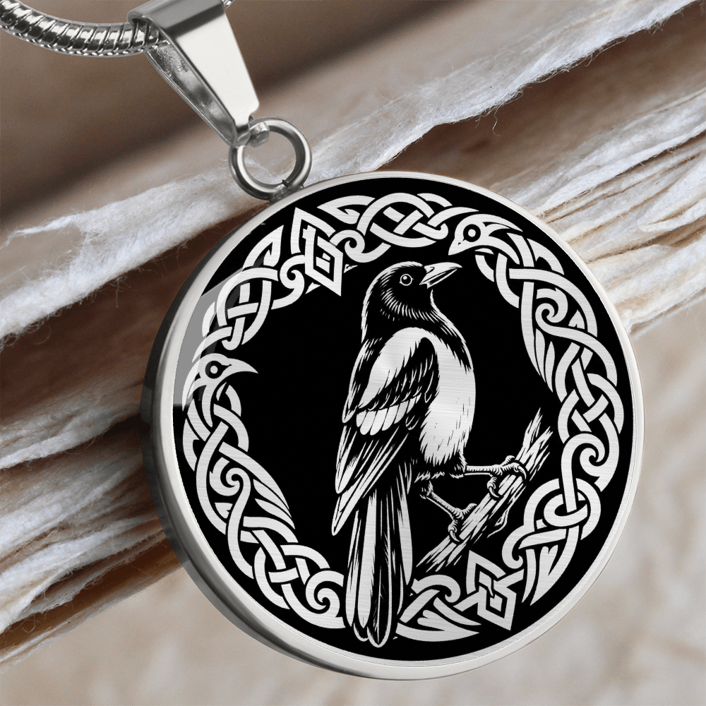 Magpie pendant necklace with black and white linocut bird artwork