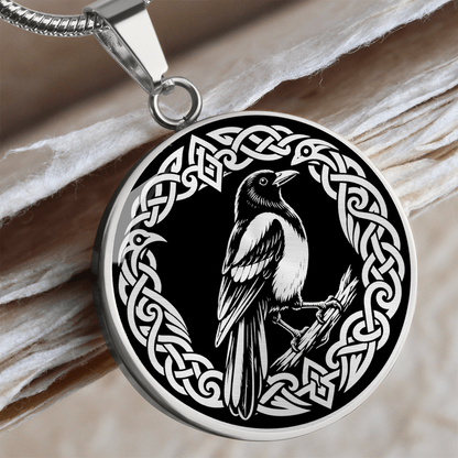 Magpie pendant necklace with black and white linocut bird artwork