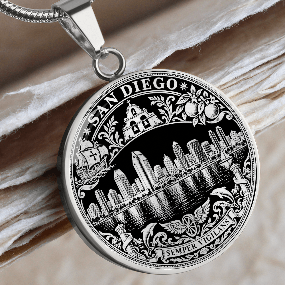 Silver San Diego skyline necklace featuring harbor reflections, decorative floral border and Semper Vigilans motto