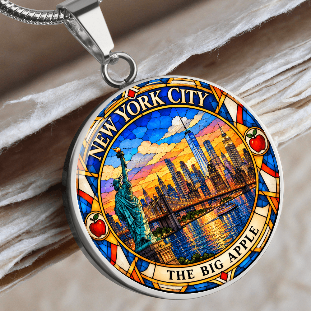 Close up of a New York City skyline necklace in silver finish with Manhattan skyscrapers, One World Trade Center, Brooklyn Bridge and colorful sunset