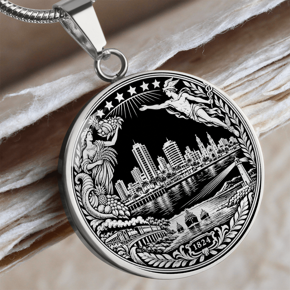 Silver Machala Ecuador necklace with waterfront skyline, agricultural figure, ships, lighthouse and 1824 heritage emblem