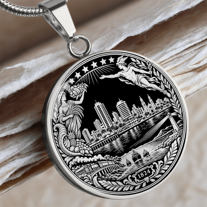 Silver Machala Ecuador necklace with waterfront skyline, agricultural figure, ships, lighthouse and 1824 heritage emblem