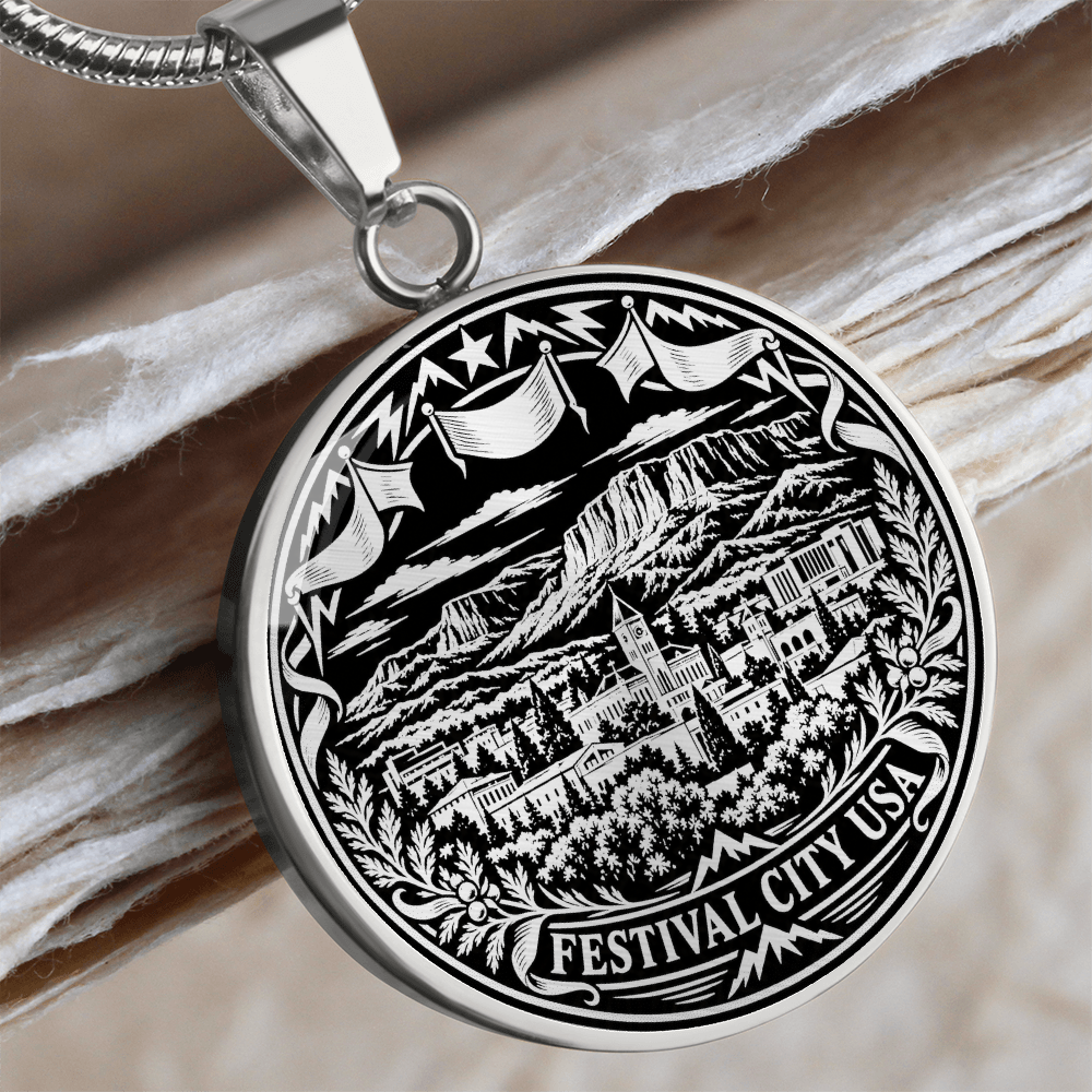 Silver Cedar City Utah necklace with mountain townscape, three waving festival pennants, stars and Festival City USA inscription