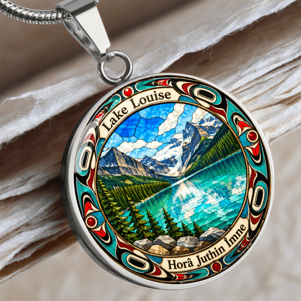 Silver Lake Louise Alberta necklace featuring turquoise glacial lake, snow-covered Canadian Rockies, evergreen forest and colorful stained-glass border