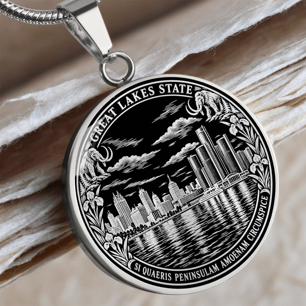 Silver Detroit skyline necklace with Renaissance Center-inspired towers, river reflections, Great Lakes State lettering and Michigan Latin motto