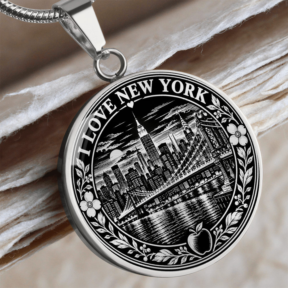 Silver New York City necklace with black and white linocut Manhattan skyline, Brooklyn Bridge, flowers and I Love New York lettering