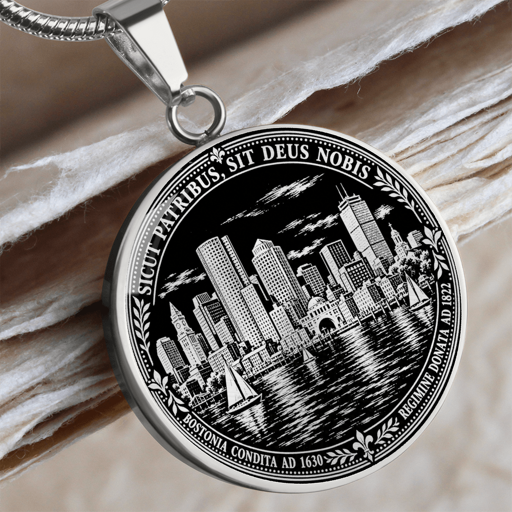 Silver Boston skyline necklace with waterfront buildings, sailing boats, historic Latin motto and ornamental circular border