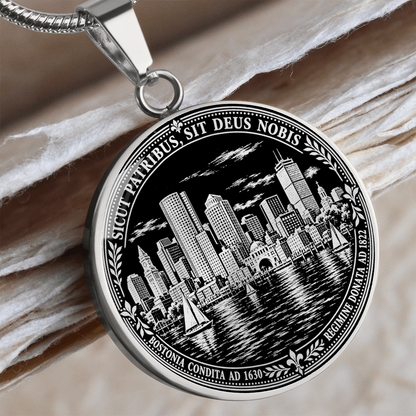 Silver Boston skyline necklace with waterfront buildings, sailing boats, historic Latin motto and ornamental circular border