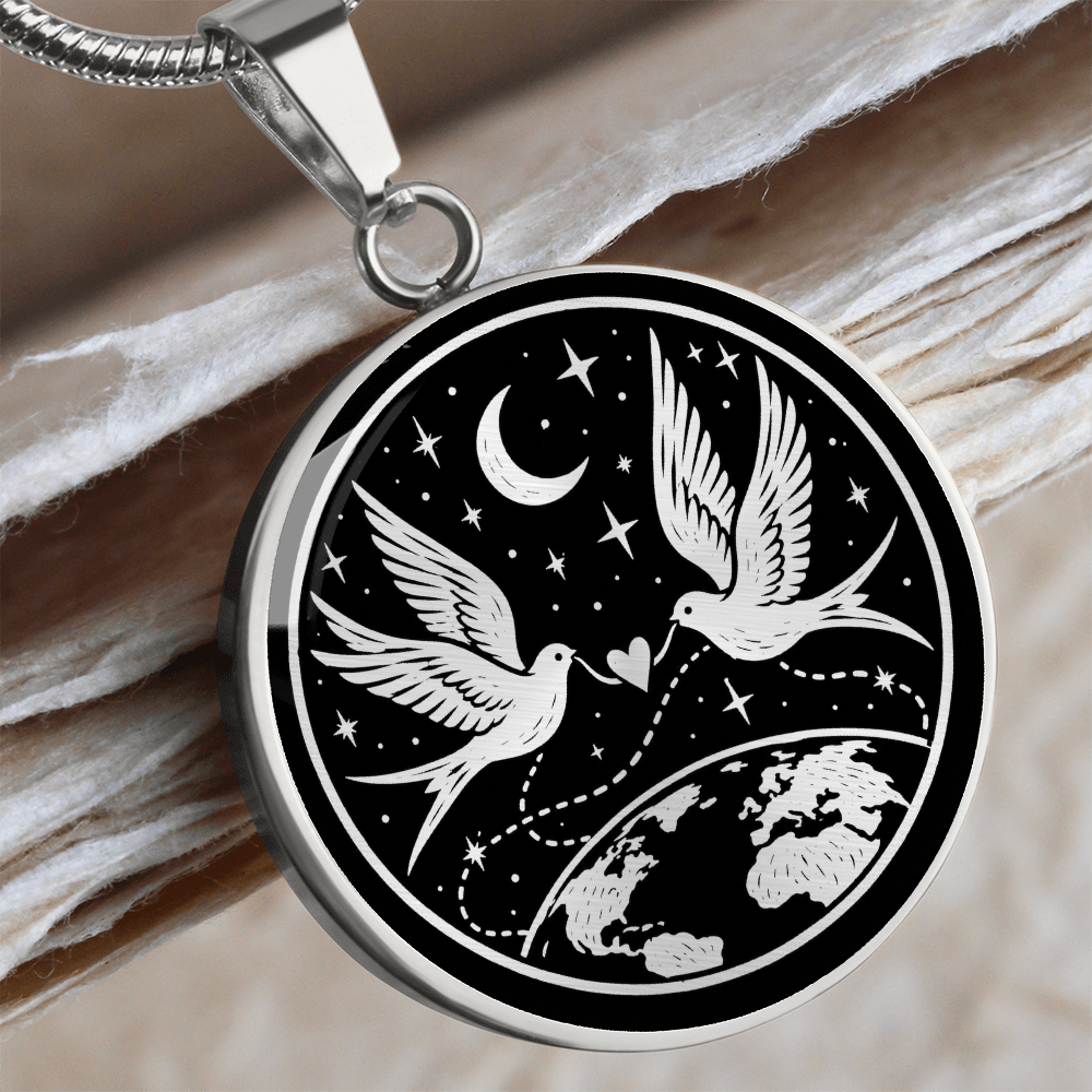 Silver long distance relationship necklace with two white doves, heart, moon and Earth