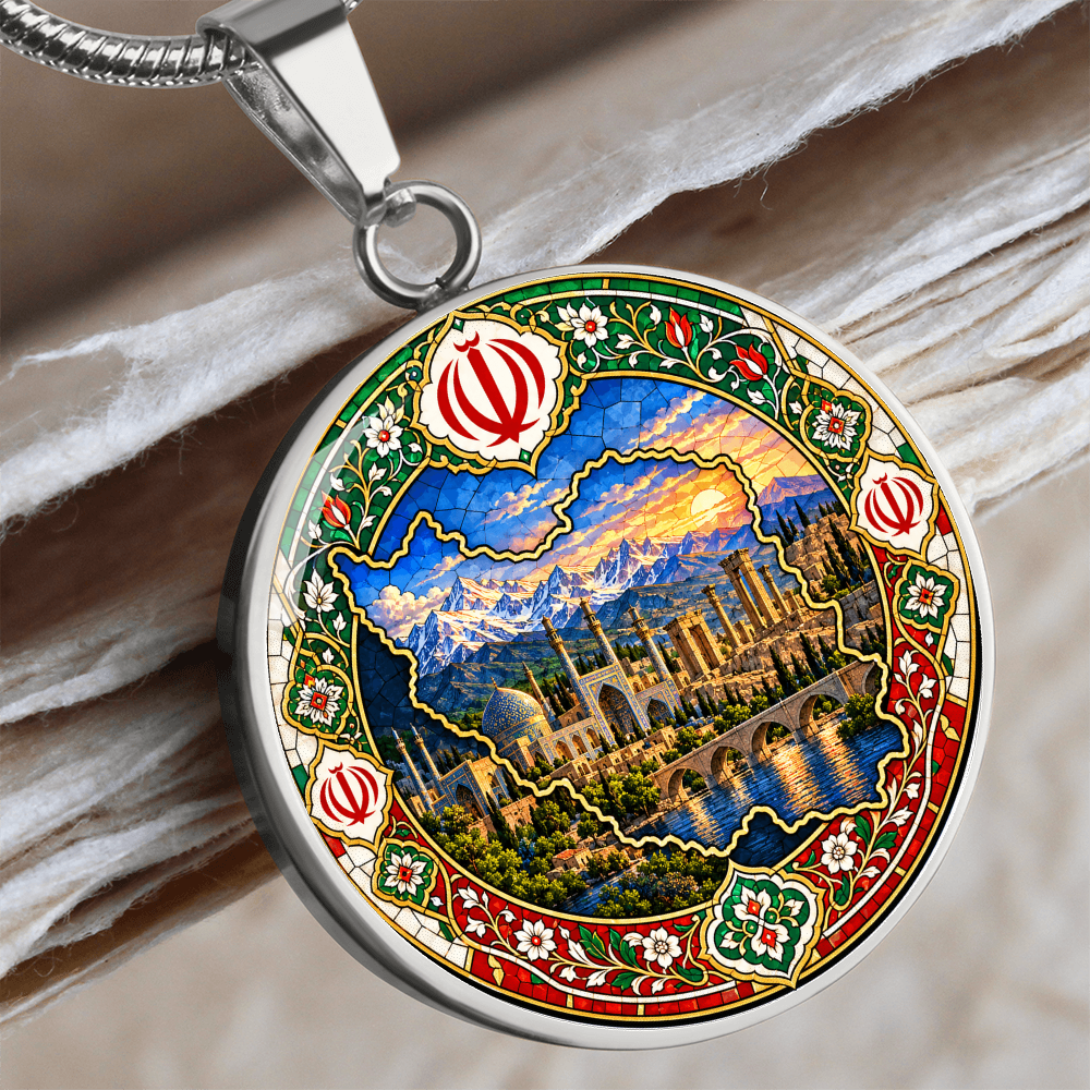 Silver Iran map necklace with colorful Persian mosaic artwork, snow-covered mountains, mosque-inspired architecture and floral border