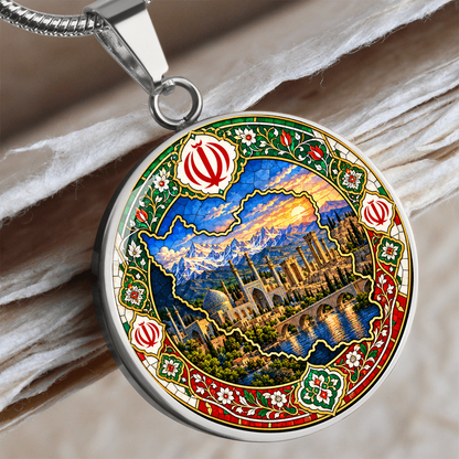 Silver Iran map necklace with colorful Persian mosaic artwork, snow-covered mountains, mosque-inspired architecture and floral border