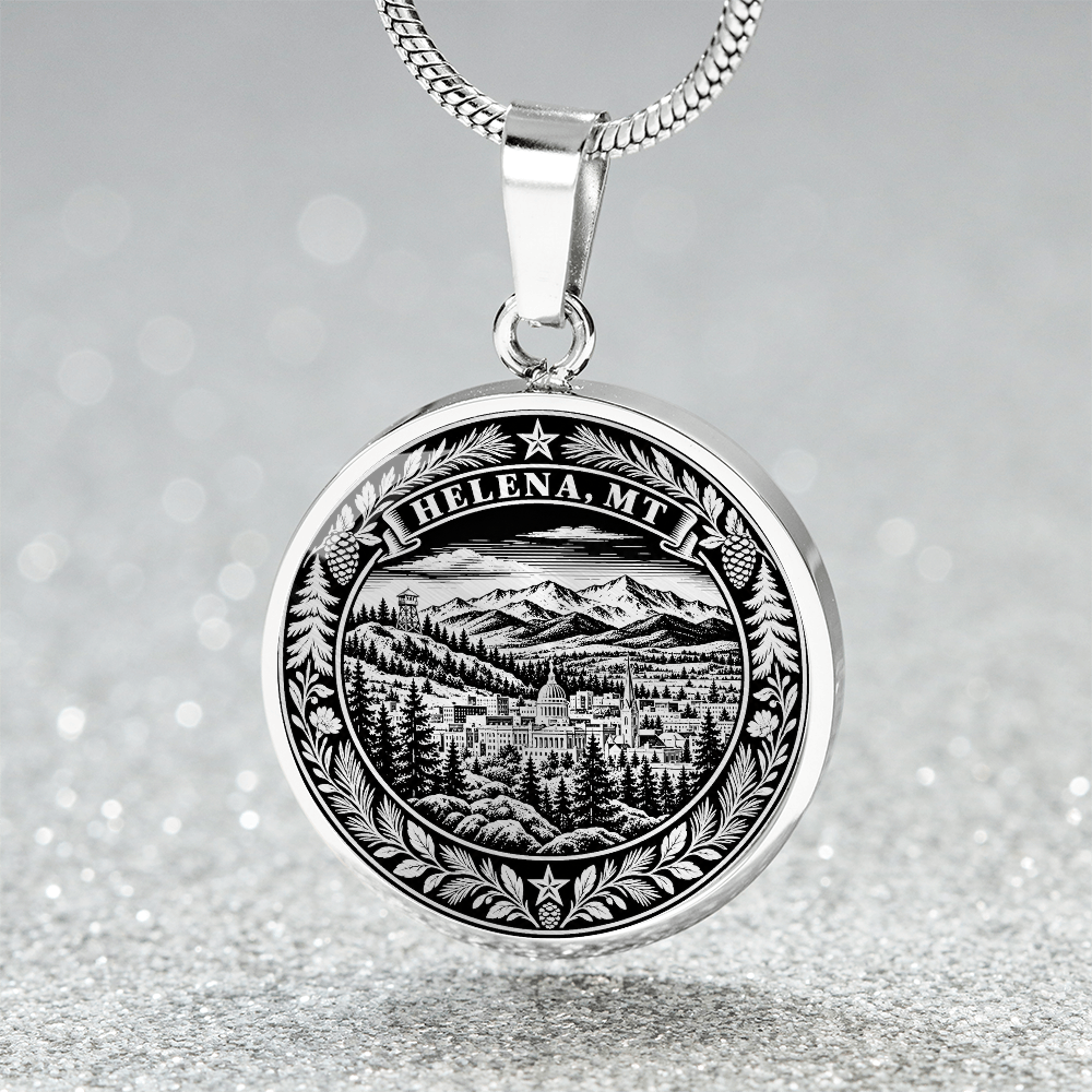 Silver Helena Montana necklace with mountain backdrop, historic city buildings, evergreen forest and pinecone wreath border