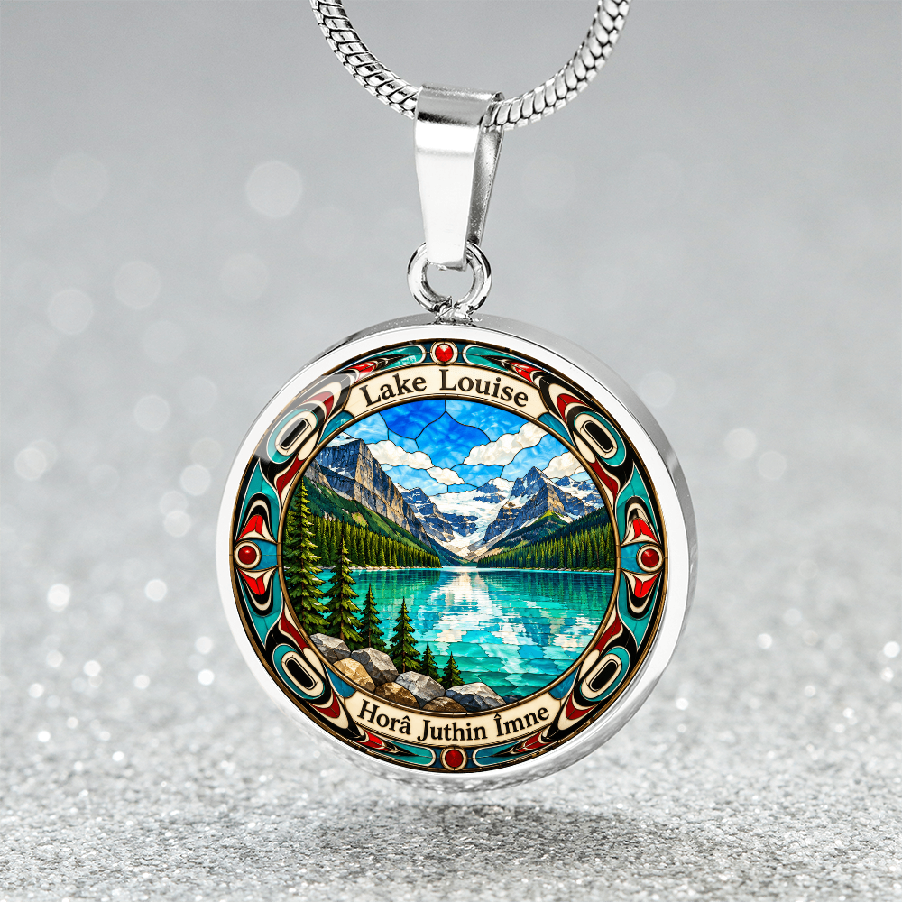 Silver Lake Louise Alberta necklace featuring turquoise glacial lake, snow-covered Canadian Rockies, evergreen forest and colorful stained-glass border