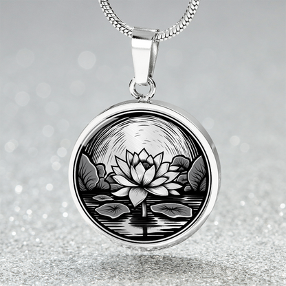 Lotus pond necklace with linocut-style artwork of a blooming lotus flower, aquatic leaves and water reflections on a round pendant.