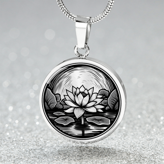Lotus pond necklace with linocut-style artwork of a blooming lotus flower, aquatic leaves and water reflections on a round pendant.