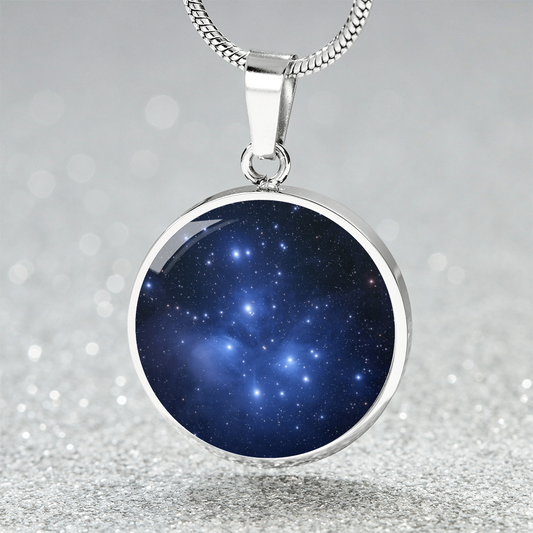 Pleiades star cluster necklace featuring Seven Sisters astronomy artwork on a circular pendant.