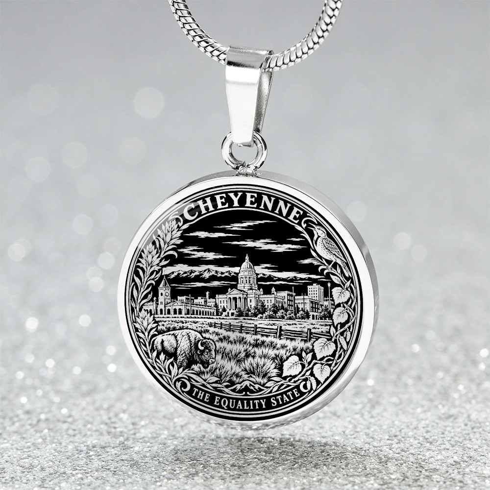 Silver Cheyenne Wyoming necklace featuring the State Capitol, bison, wildflowers and The Equality State lettering