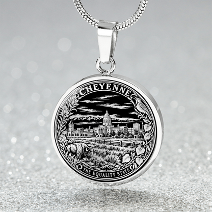 Silver Cheyenne Wyoming necklace featuring the State Capitol, bison, wildflowers and The Equality State lettering