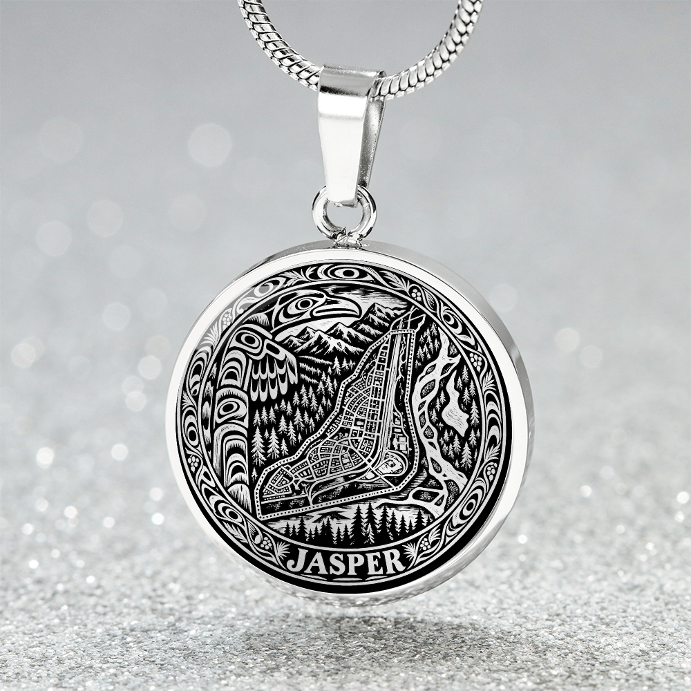 Silver Jasper Alberta necklace featuring stylized Jasper townsite map, Canadian Rocky Mountain peaks, pine forests and ornate circular border