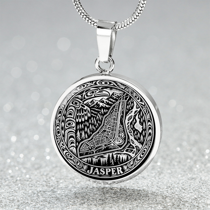 Silver Jasper Alberta necklace featuring stylized Jasper townsite map, Canadian Rocky Mountain peaks, pine forests and ornate circular border