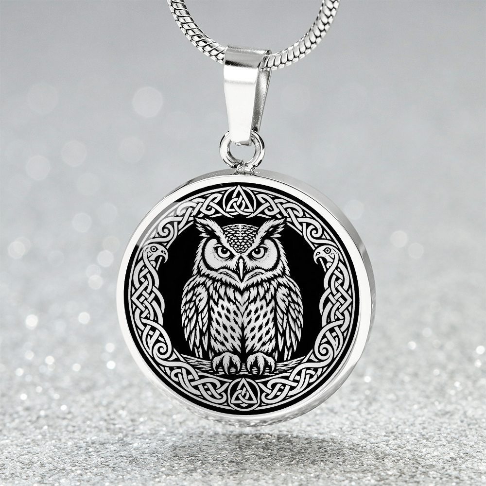 Celtic owl necklace with black and white linocut bird artwork