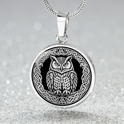 Celtic owl necklace with black and white linocut bird artwork
