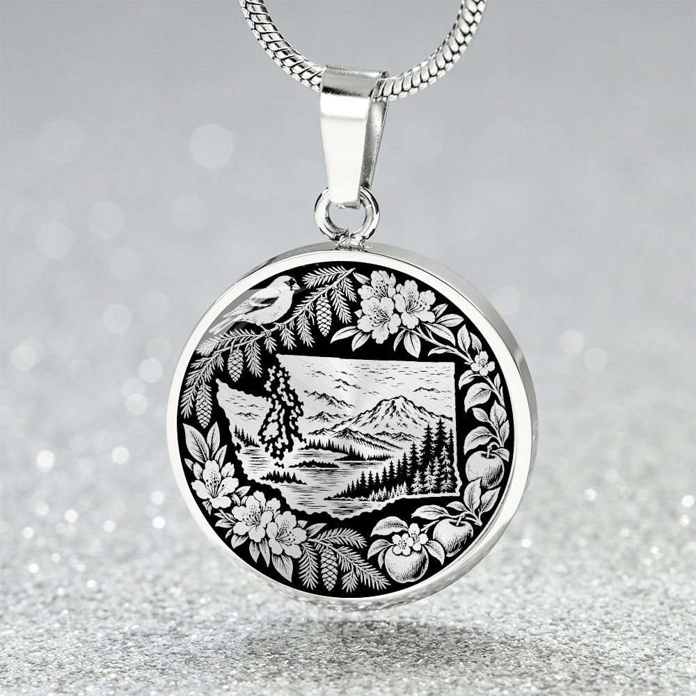 Silver Washington State nature necklace with mountain forest landscape, perched bird, flowers, ferns and botanical border