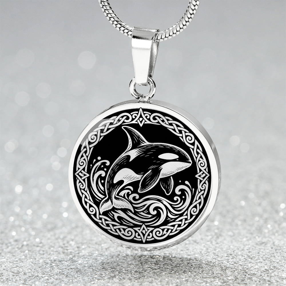Silver orca whale pendant necklace with Viking knotwork border and ocean waves with sparklink mockup