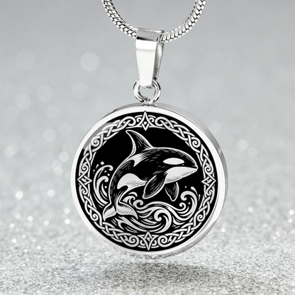 Silver orca whale pendant necklace with Viking knotwork border and ocean waves with sparklink mockup