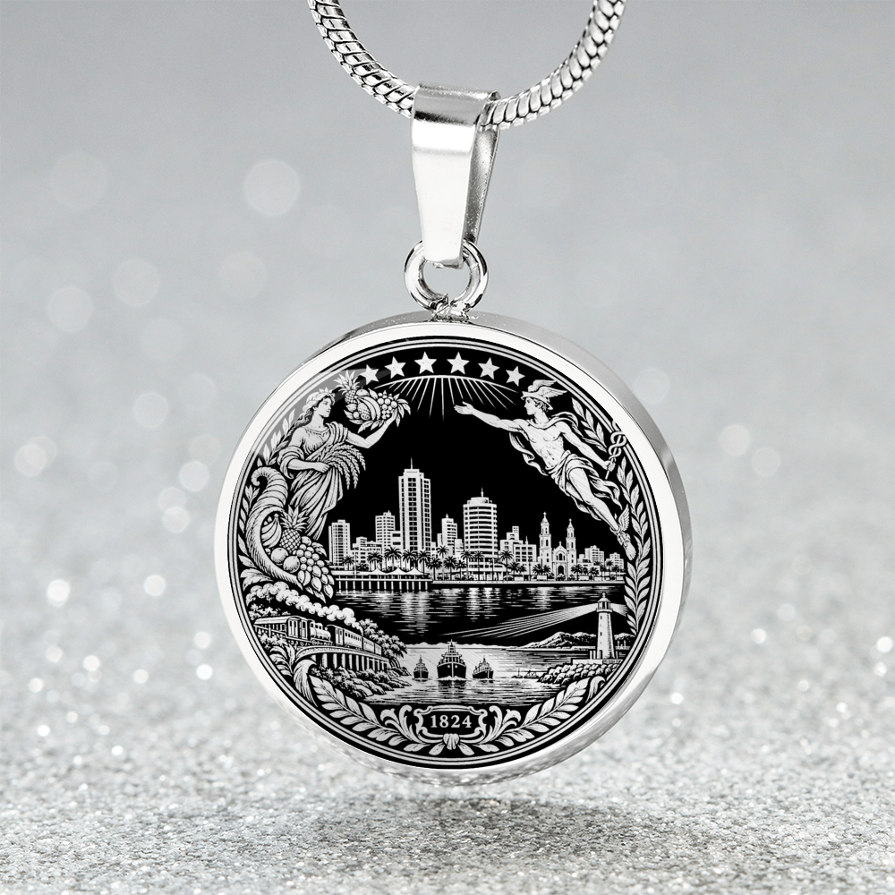 Silver Machala Ecuador necklace with waterfront skyline, agricultural figure, ships, lighthouse and 1824 heritage emblem