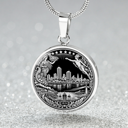 Silver Machala Ecuador necklace with waterfront skyline, agricultural figure, ships, lighthouse and 1824 heritage emblem