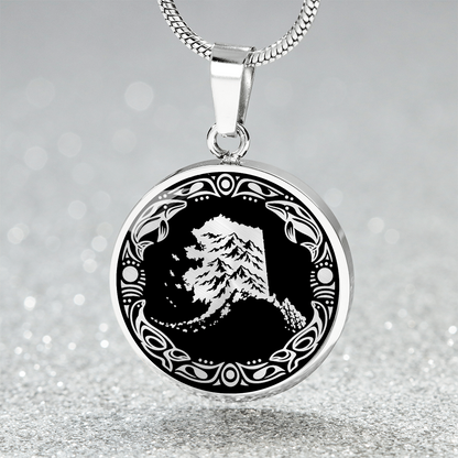 Silver Alaska mountain pendant necklace featuring snowy peaks, black and white linocut artwork and an ornate circular border. with sparklink mockup