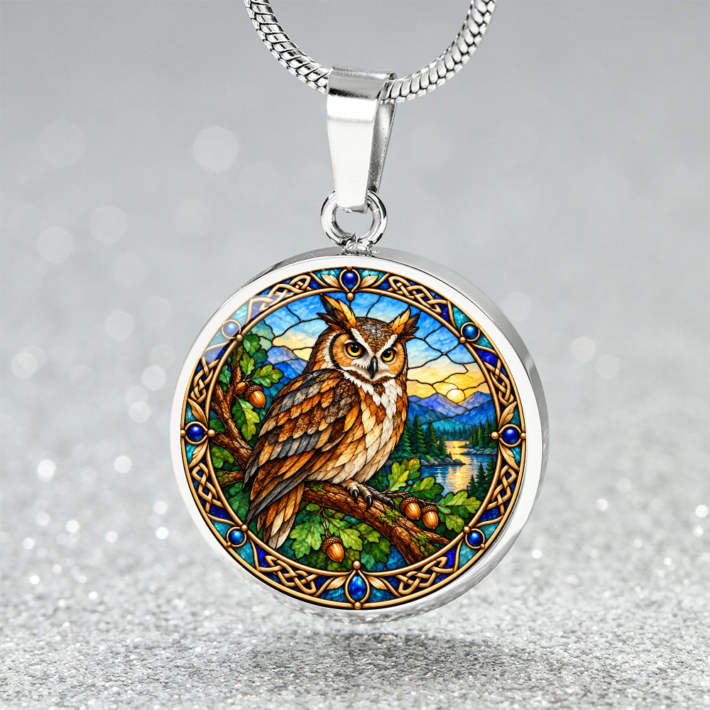 Stained glass owl necklace featuring colorful owl bird artwork