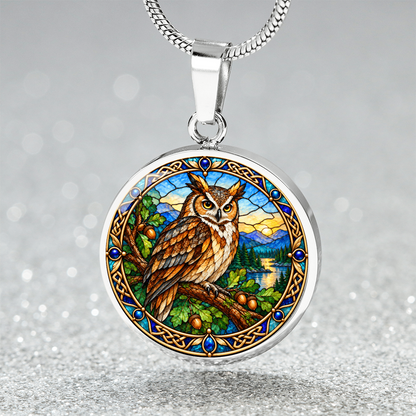 Stained glass owl necklace featuring colorful owl bird artwork