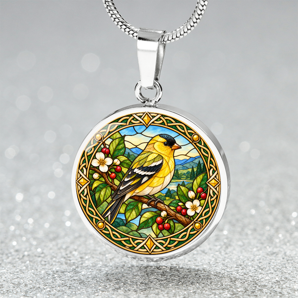Detailed finch bird illustration on circular necklace pendant